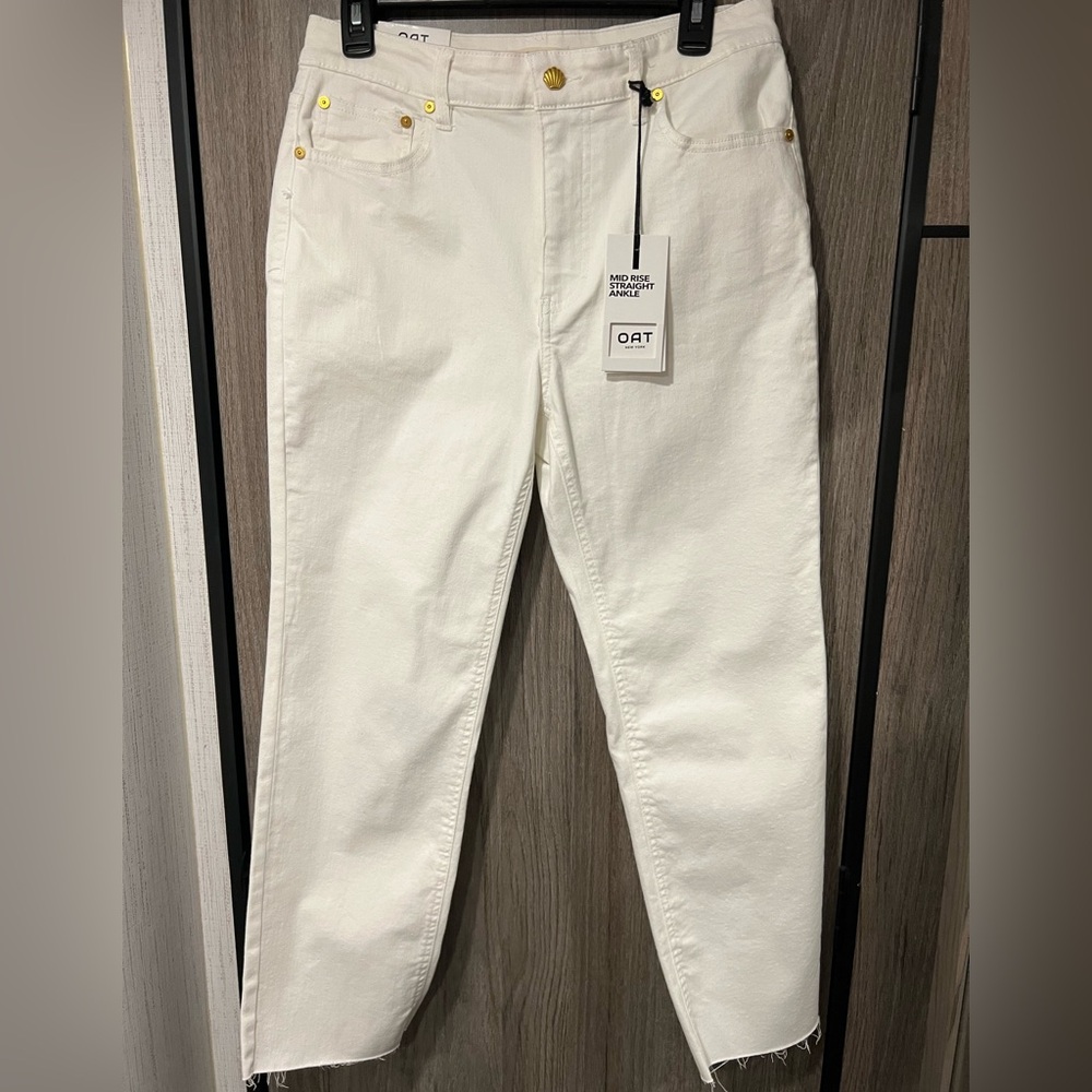 Oat New York White Mid Rise Straight Ankle Jeans